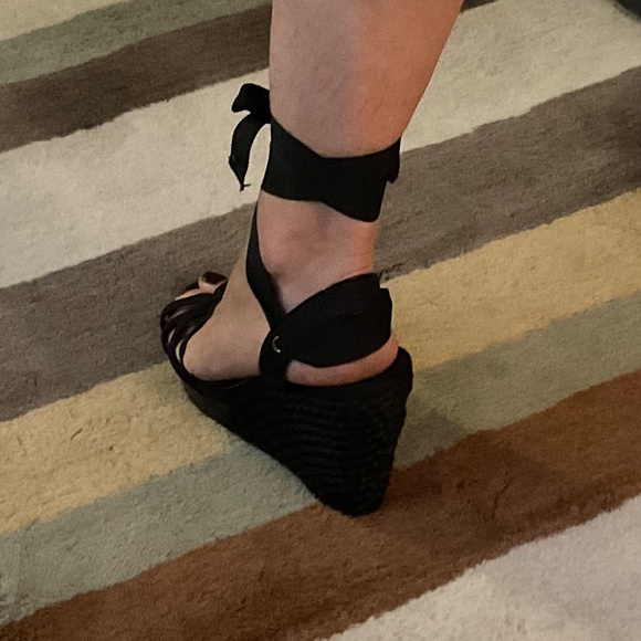 White House Black Market • Jennica black woven ribbon wedge lace up sandals 9.5 - Picture 6 of 6